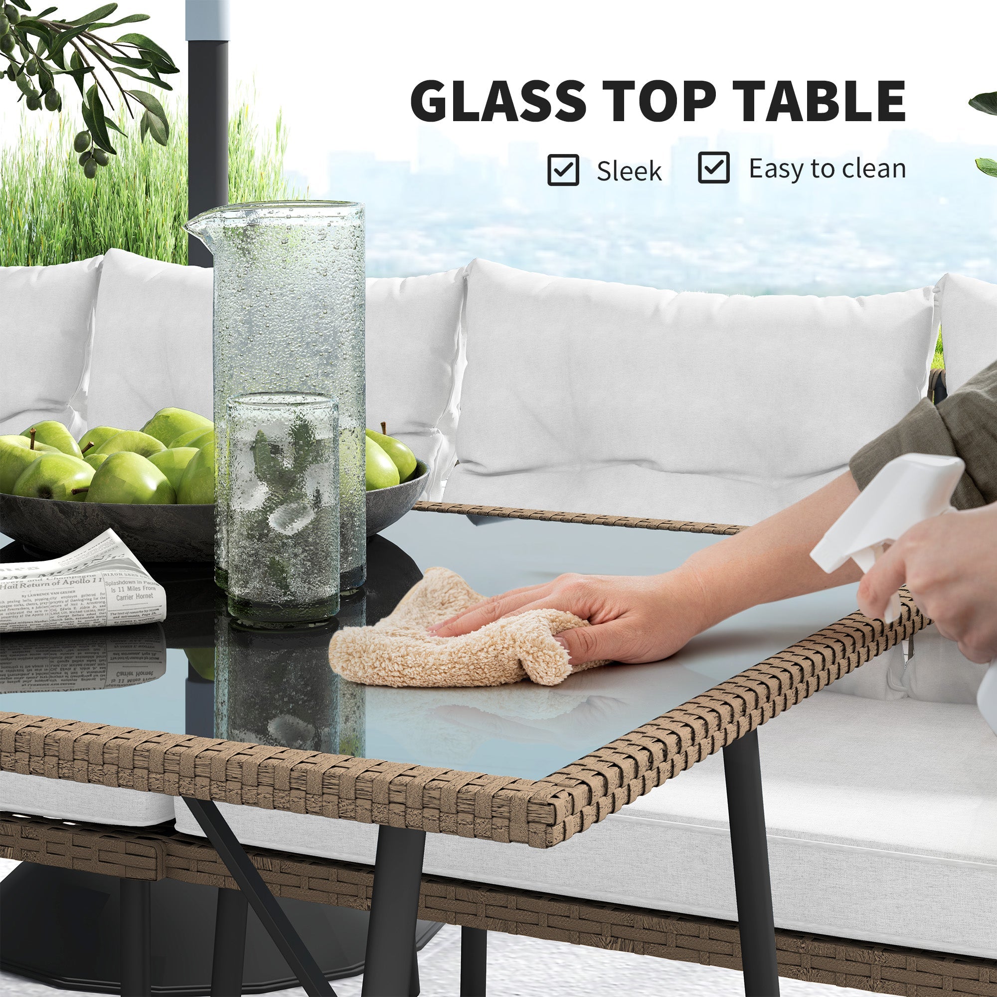 Outsunny 6 Piece Rattan Garden Furniture Set, 8 Seater Garden Corner Sofa with Cushions and Glass Top Table, Sectional Outdoor Furniture Conservatory Set for Patio, Cream White 