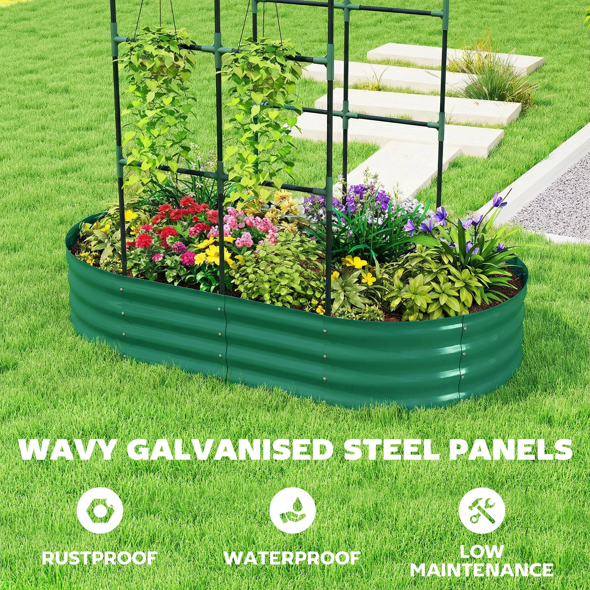 Outsunny Galvanised Raised Garden Bed with Arched Trellis, 5 x 3 x 6ft Metal Raised Bed for Garden with Open Bottom, Green 