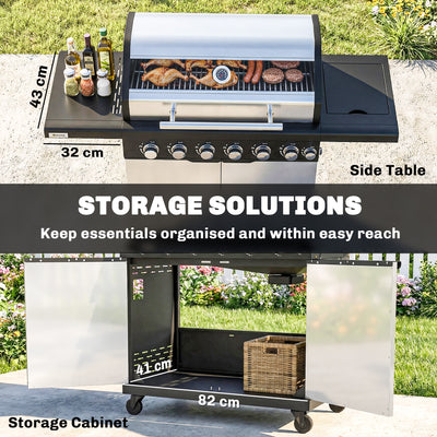 Outsunny 6+1 Burner Gas BBQ Grill, Outdoor Barbecue Trolley with Wheels, Warming Rack, Thermometer, Bottle Opener, Silver Tone 