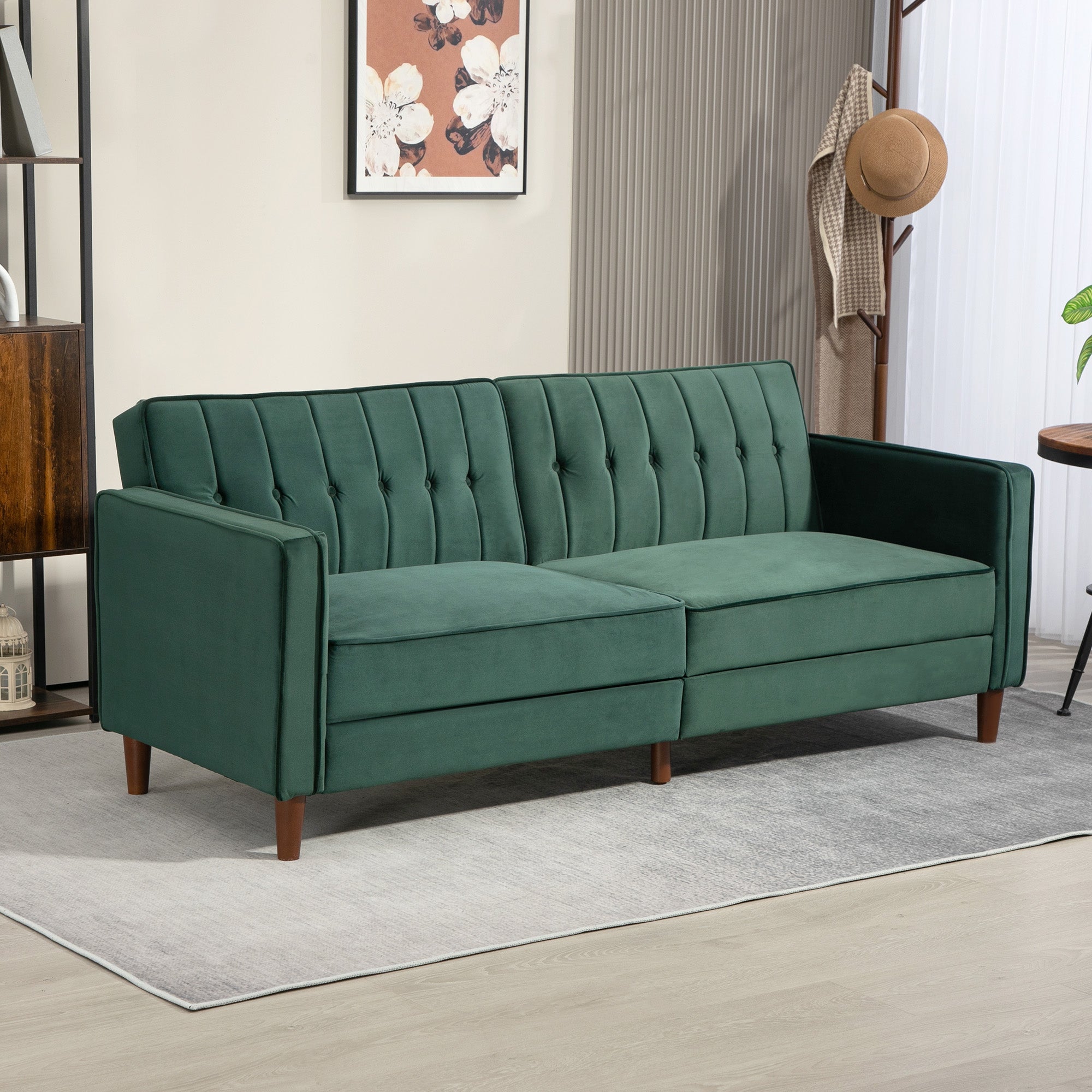 HOMCOM Velvet-Feel Three-Seater Sofa Bed - Green 