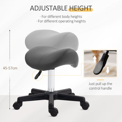 HOMCOM Saddle Stool, PU Leather Adjustable Rolling Salon Chair with Steel Frame for Massage, Spa, Beauty and Tattoo, Grey 