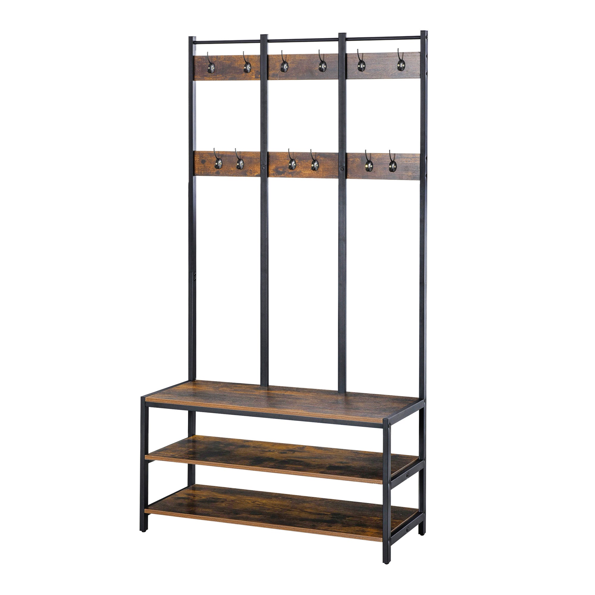 HOMCOM Coat Rack Stand, Free Standing Hall Tree, Coat Stand with Hooks, Bench and Shoe Rack, 100cm x 40cm x 184cm, Industrial Style, Rustic Brown and Black 