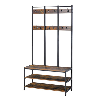HOMCOM Coat Rack Stand, Free Standing Hall Tree, Coat Stand with Hooks, Bench and Shoe Rack, 100cm x 40cm x 184cm, Industrial Style, Rustic Brown and Black 