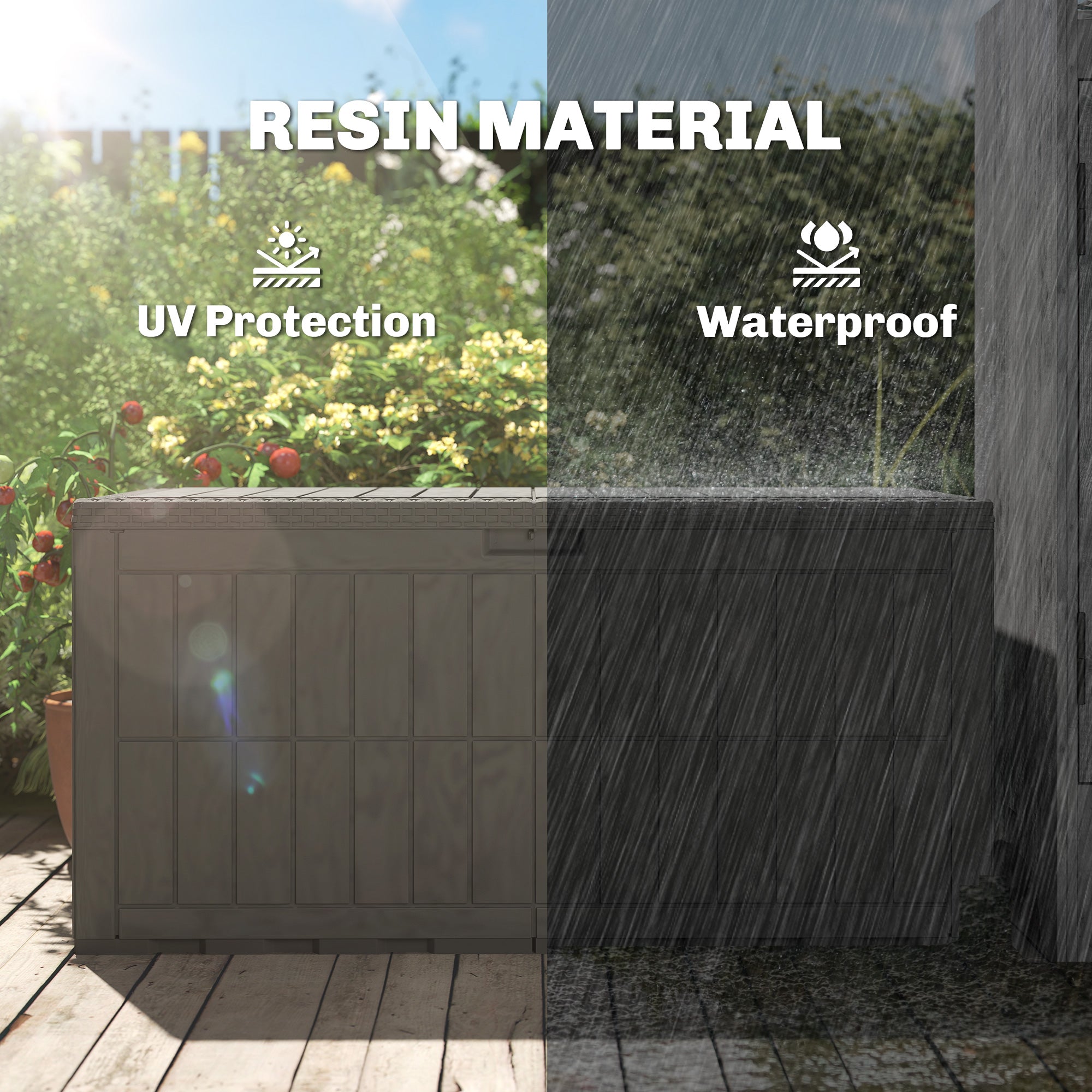 Outsunny 440L Garden Storage Box, Waterproof & UV Resistant Resin Deck Box with Lockable Lid, Pneumatic Gas Rods, Side Handles 