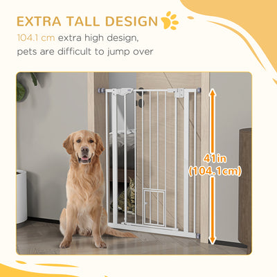 PawHut Extra Tall Pet Gate, Indoor Dog Safety Gate, with Cat Flap, Auto Close, 74-80cm Wide - White 