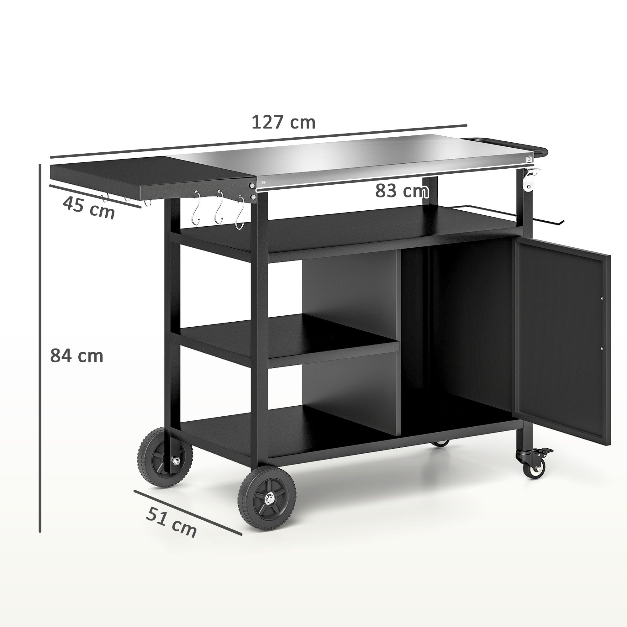Outsunny Outdoor BBQ Trolley with Foldable Side Table, Stainless Steel Top, Outdoor Kitchen with Wheels Hooks Shelves Cabinet, Pizza Oven Table Movable Outdoor Grill Dining Cart with Cover, Black 