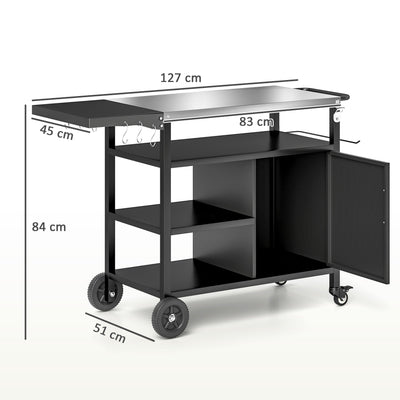 Outsunny Outdoor BBQ Trolley with Foldable Side Table, Stainless Steel Top, Outdoor Kitchen with Wheels Hooks Shelves Cabinet, Pizza Oven Table Movable Outdoor Grill Dining Cart with Cover, Black 