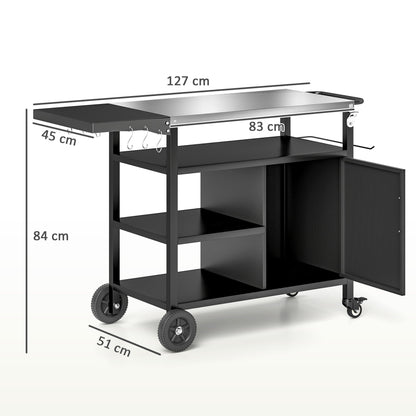 Outsunny Outdoor BBQ Trolley with Foldable Side Table, Stainless Steel Top, Outdoor Kitchen with Wheels Hooks Shelves Cabinet, Pizza Oven Table Movable Outdoor Grill Dining Cart with Cover, Black 