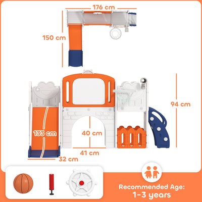 AIYAPLAY 7 in 1 Toddler Slide Set with Basketball Hoop, Climbing Frame, Telescope, Drawing Board, Storage Box, Orange 