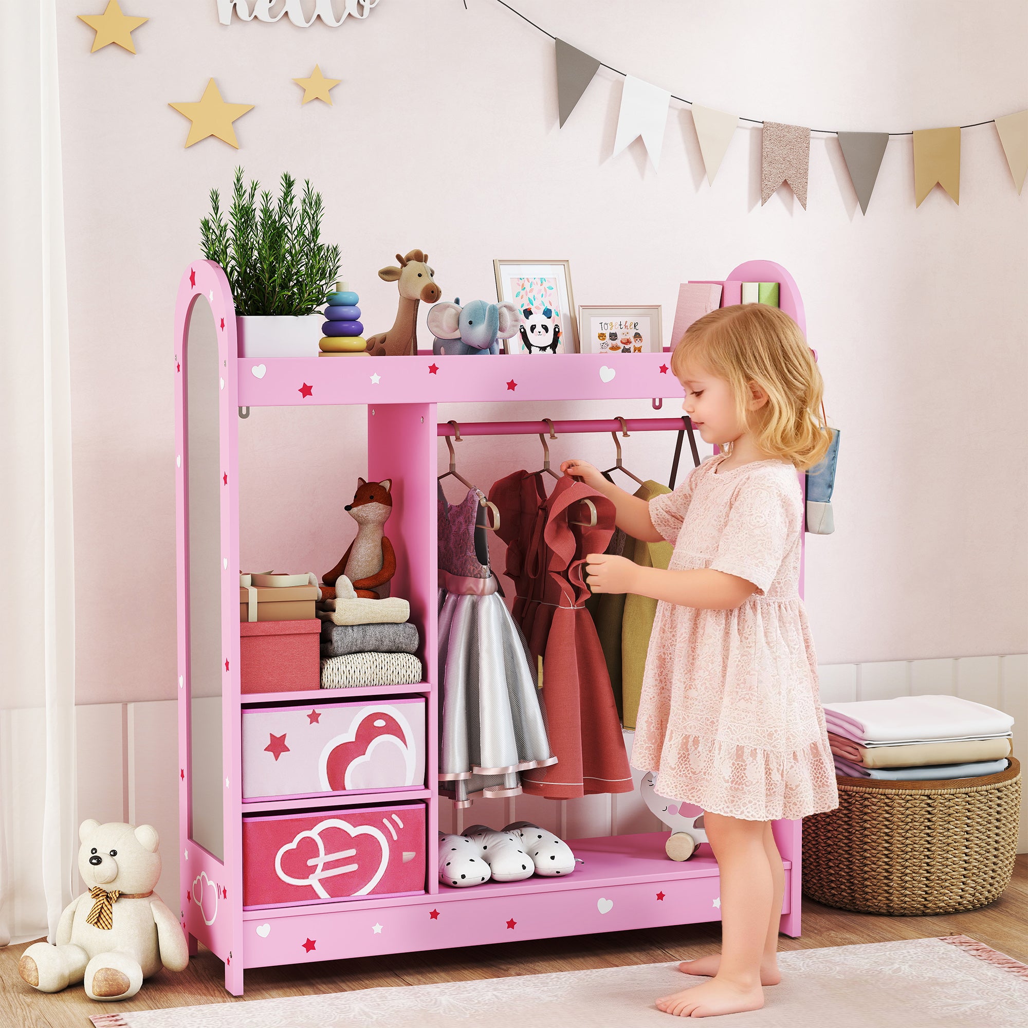 AIYAPLAY Kids Clothes Rail, Kids Wardrobe with Mirror, Shelves, Fabric Storage and Hooks for Bedroom, Nursery, Pink 