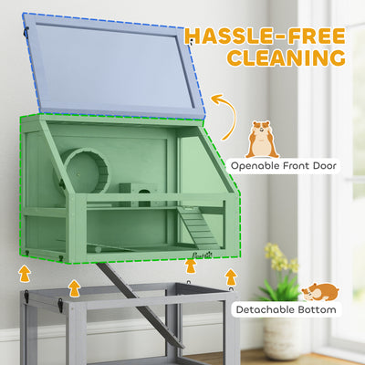 PawHut Wooden Hamster Cage with Detachable 32cm Deep Bottom, Hut, Seesaw, Exercise Wheel, Ramp, 60 x 40 x 75cm, Light Grey 