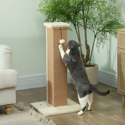 PawHut 81cm Cat Scratcher, Vertical Full Scratcher w/ Natural Jute Rope, Hanging Ball, Soft Plush - Beige 