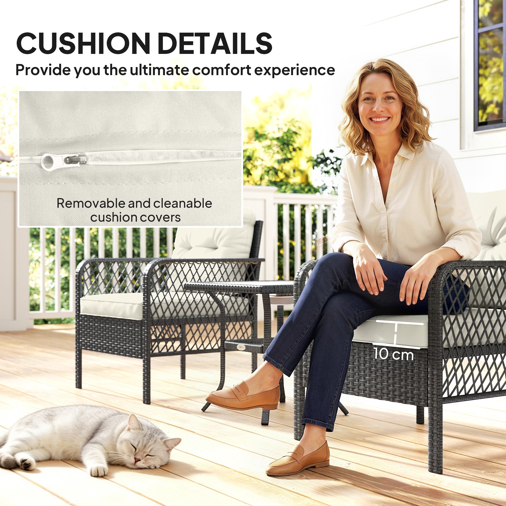 Outsunny 3 Pieces Rattan Bistro Set with Glass Top Coffee Table, Chairs and Cushions for Outdoor, Patio, Balcony, Cream 