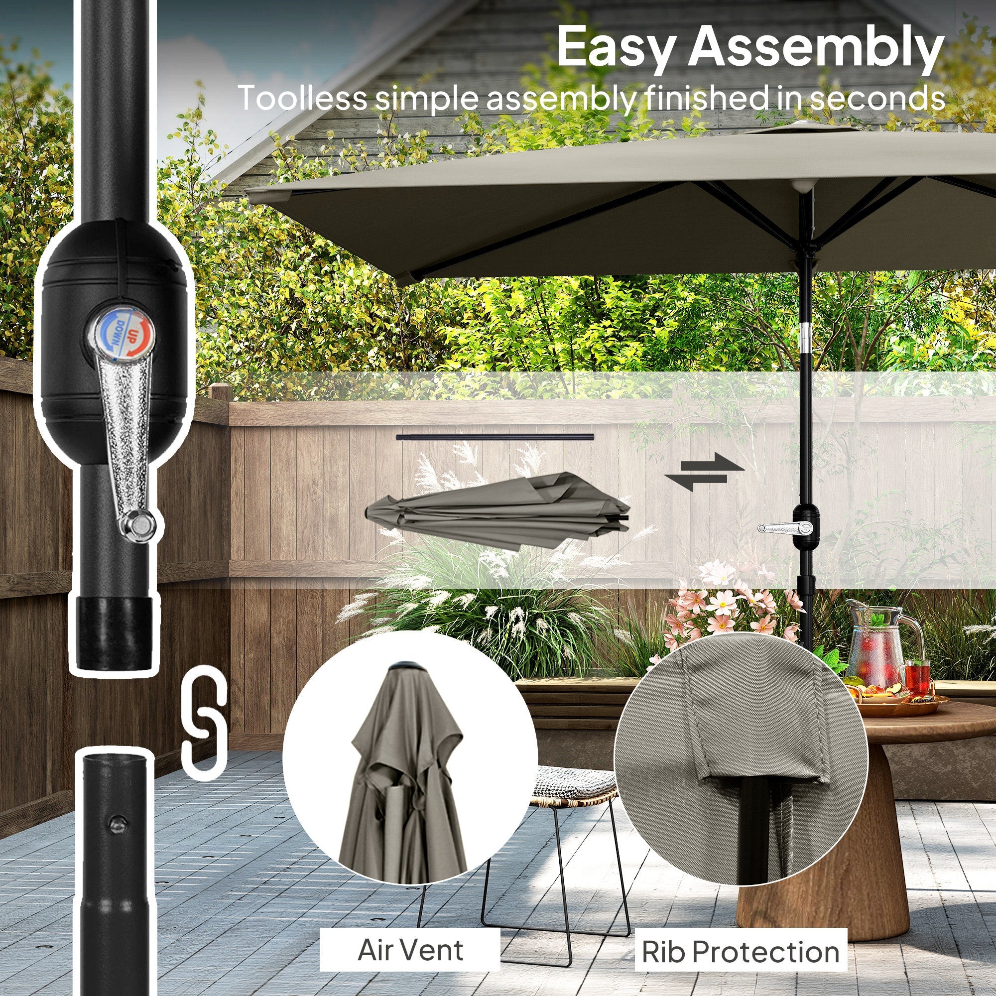 Outsunny 3x2m Patio Parasol Garden Umbrellas Canopy with Aluminium Tilt Crank Rectangular Sun Shade Steel, Light Grey 