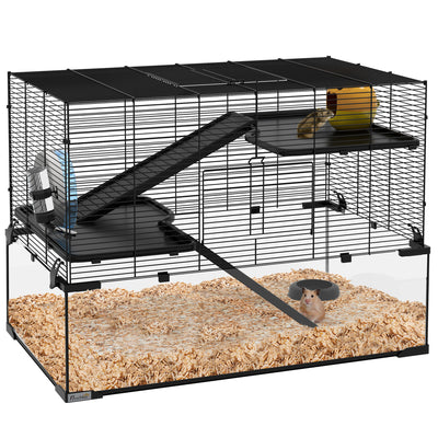 PawHut 3 Tiers Hamster Cage, Gerbil Cage with Deep Glass Bottom, Non-Slip Ramps, Platforms, Hut, Exercise Wheels, Water Bottle, Dish, for Syrian Hamster, Dwarf Hamster, 78.5 x 48.5 x 57cm 