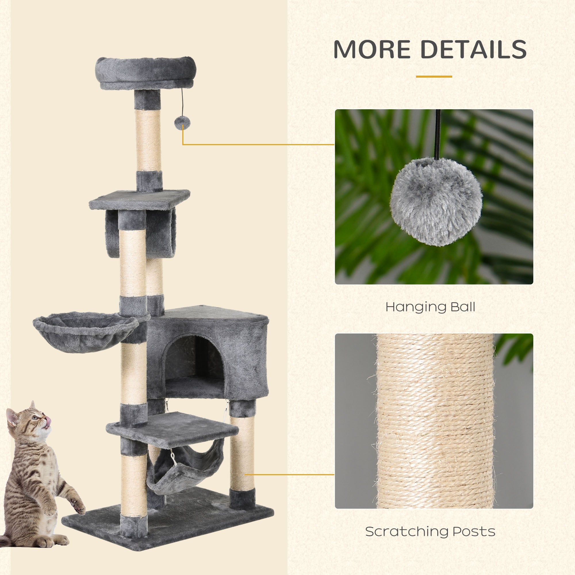 PawHut Cat Tree for Indoor Cats Condo Tower Multi-level Height 150CM  Kittens Activity Stand House with Toys & Various Scratching Posts 