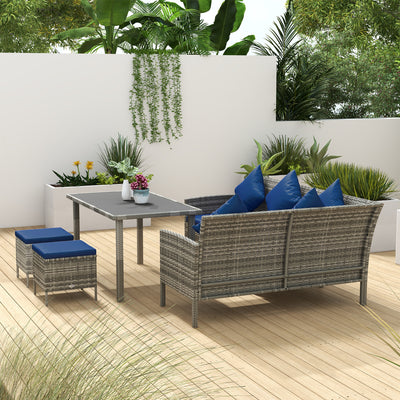 Outsunny 5 Pieces Rattan Garden Furniture Set with Dining Table, Cushions - Dark Blue 