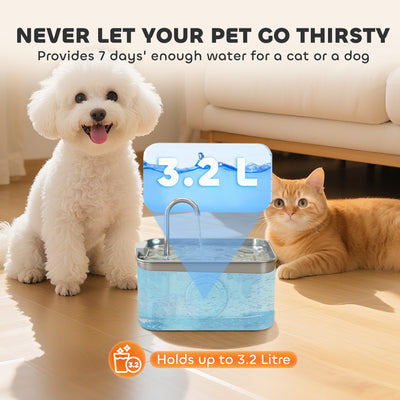 PawHut 3.2L Cat Water Fountain for Drinking, Cat Fountain Stainless Steel with Visible Water-Level Window, Ultra-Silent Pump 