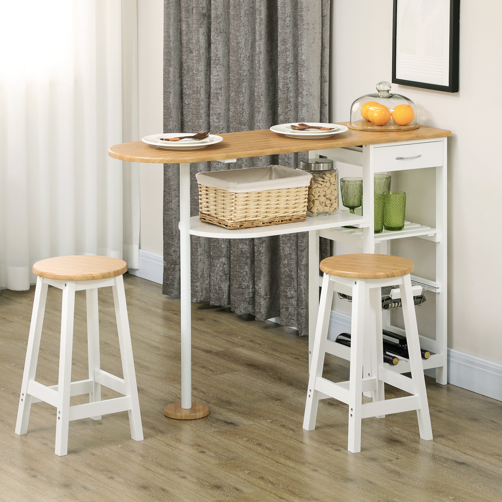 HOMCOM 3 Piece Bar Table Set, Breakfast Bar table and Stools with Storage Shelf, Drawer, Wire Basket and Wine Rack for Kitchen, Home Bar, Natural and White 