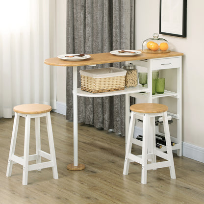 HOMCOM 3 Piece Bar Table Set, Breakfast Bar table and Stools with Storage Shelf, Drawer, Wire Basket and Wine Rack for Kitchen, Home Bar, Natural and White 