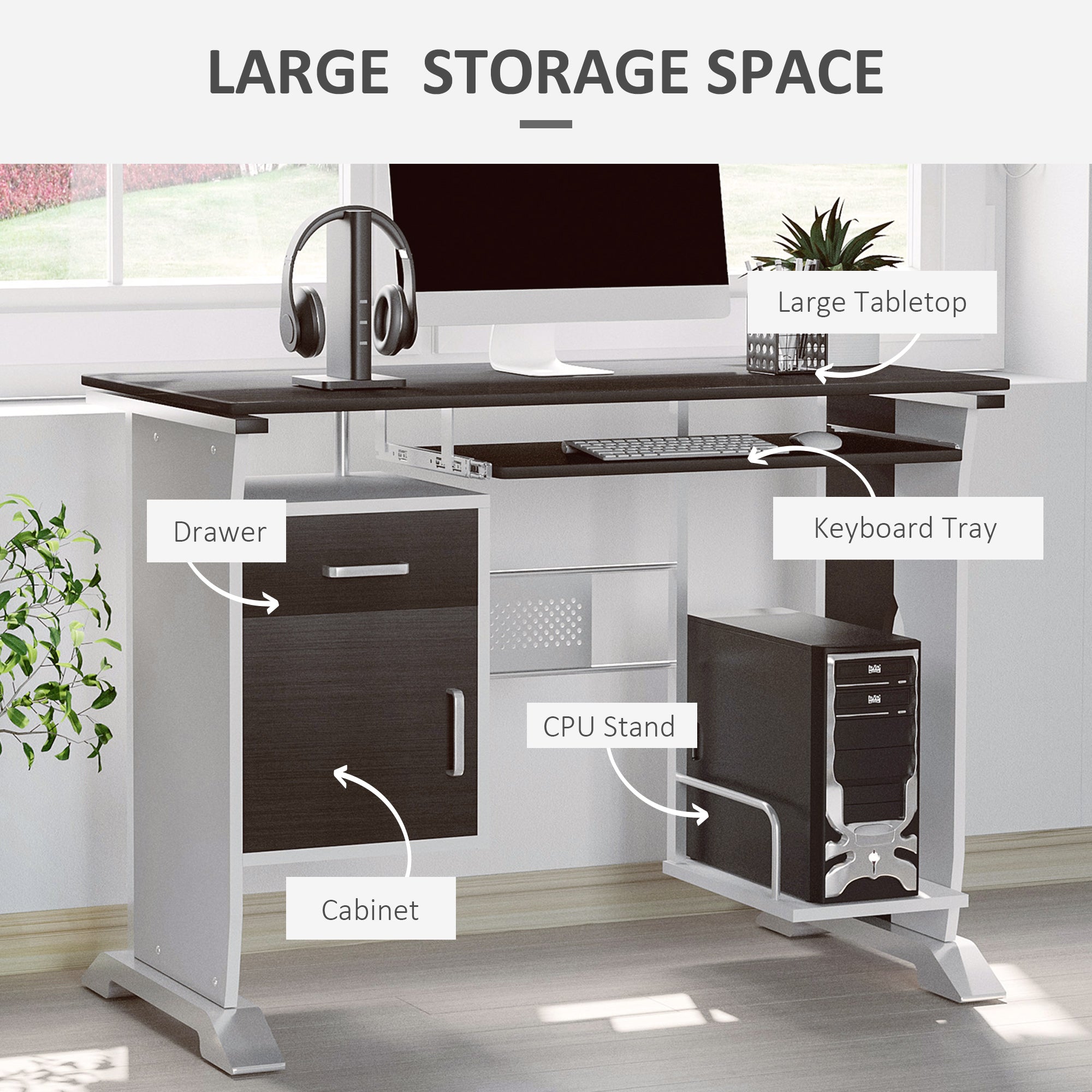 HOMCOM Computer Desk with Sliding Keyboard Tray, Storage Drawers and Host Box Shelf, Home Office Desk, Study Workstation, 100 x 52 x 75cm, Black Walnut 