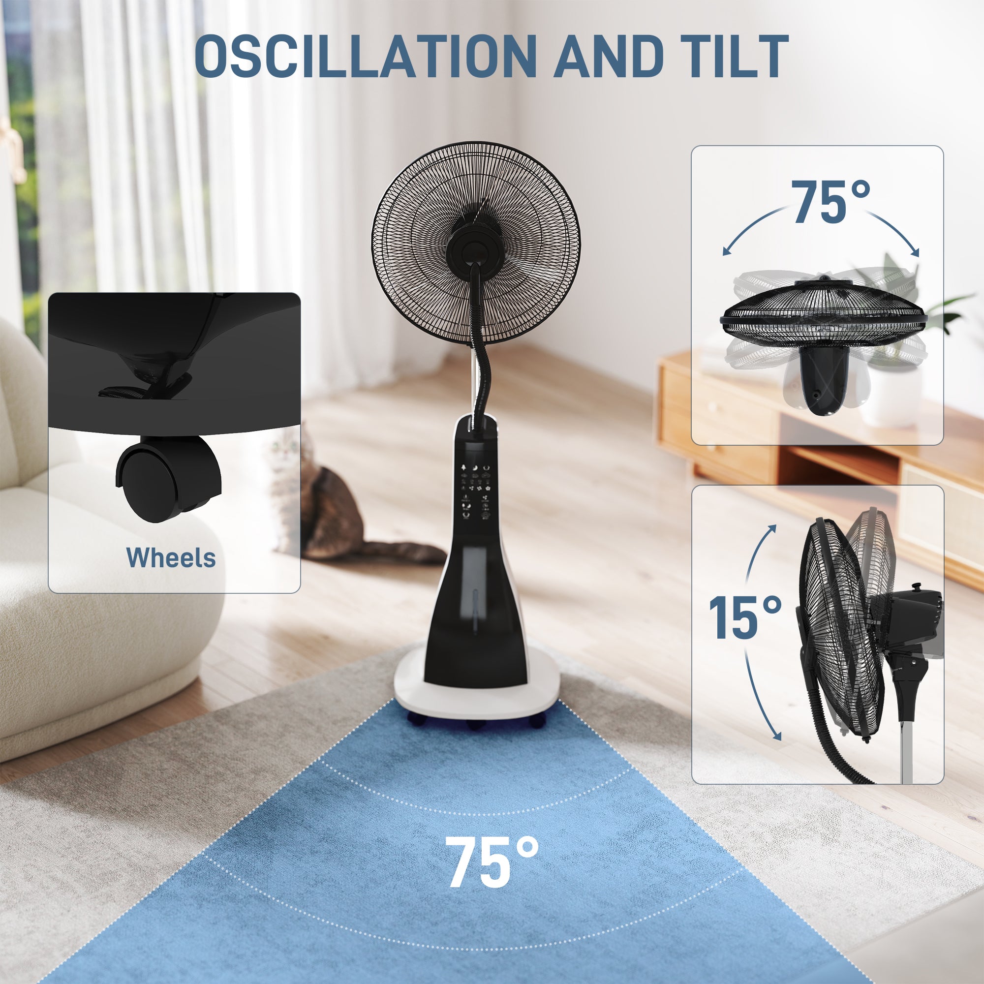 HOMCOM Pedestal Fan with Water Mist Spray, Spray Misting Fan with 75° Oscillation, Tilt Head, 3 Speeds, 3 Modes, 3 Mist, 3L Water Tank, Wheels, for Home, 125 cm