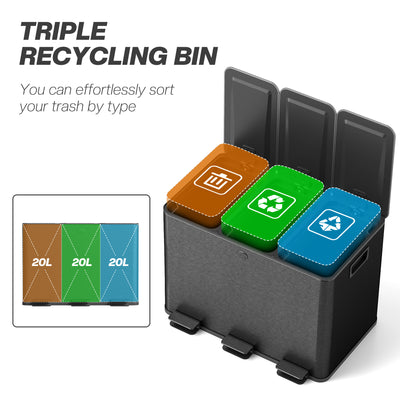 HOMCOM 3 x 20L Pedal Bin, Steel Triple Kitchen Bin with Soft Close Lid, Removable Inner Buckets, Fingerprint-Proof, Black 