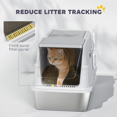 PawHut Extra Large Stainless Steel, Cat Litter Tray with Scoop, Flip Top 