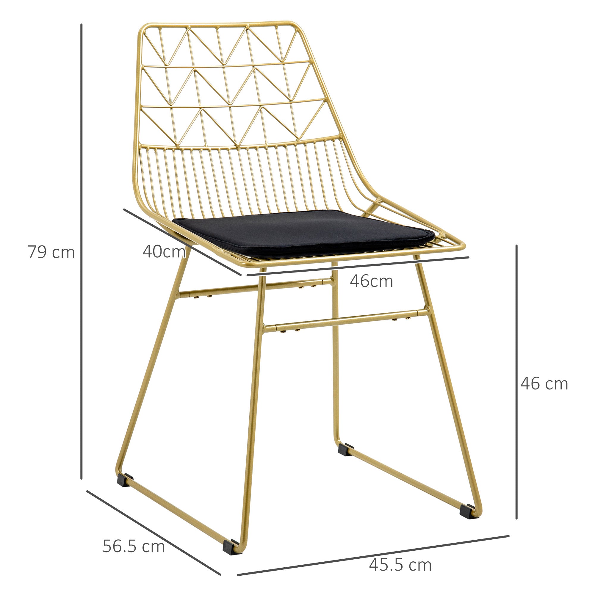HOMCOM Luxurious Dining Chairs Set of 2, Metal Wire Kitchen Chair with Removable Velvet-feel Cushion, Cut-out Back and Steel Frame for Dining Room, Gold Tone 