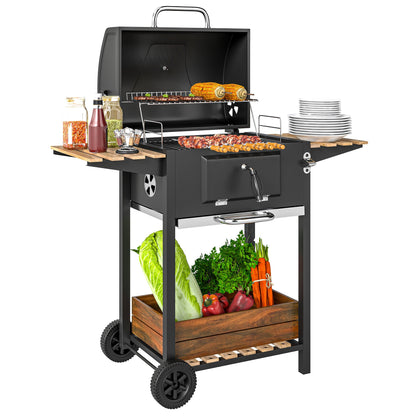 Outsunny Charcoal BBQ Grill with Height Adjustable Charcoal Pan, Portable Barbecue Smoker with Warming Rack, 3 Shelves, Temperature Gauge, Wheels, Bottle Opener for Outdoor Cooking Garden Party 