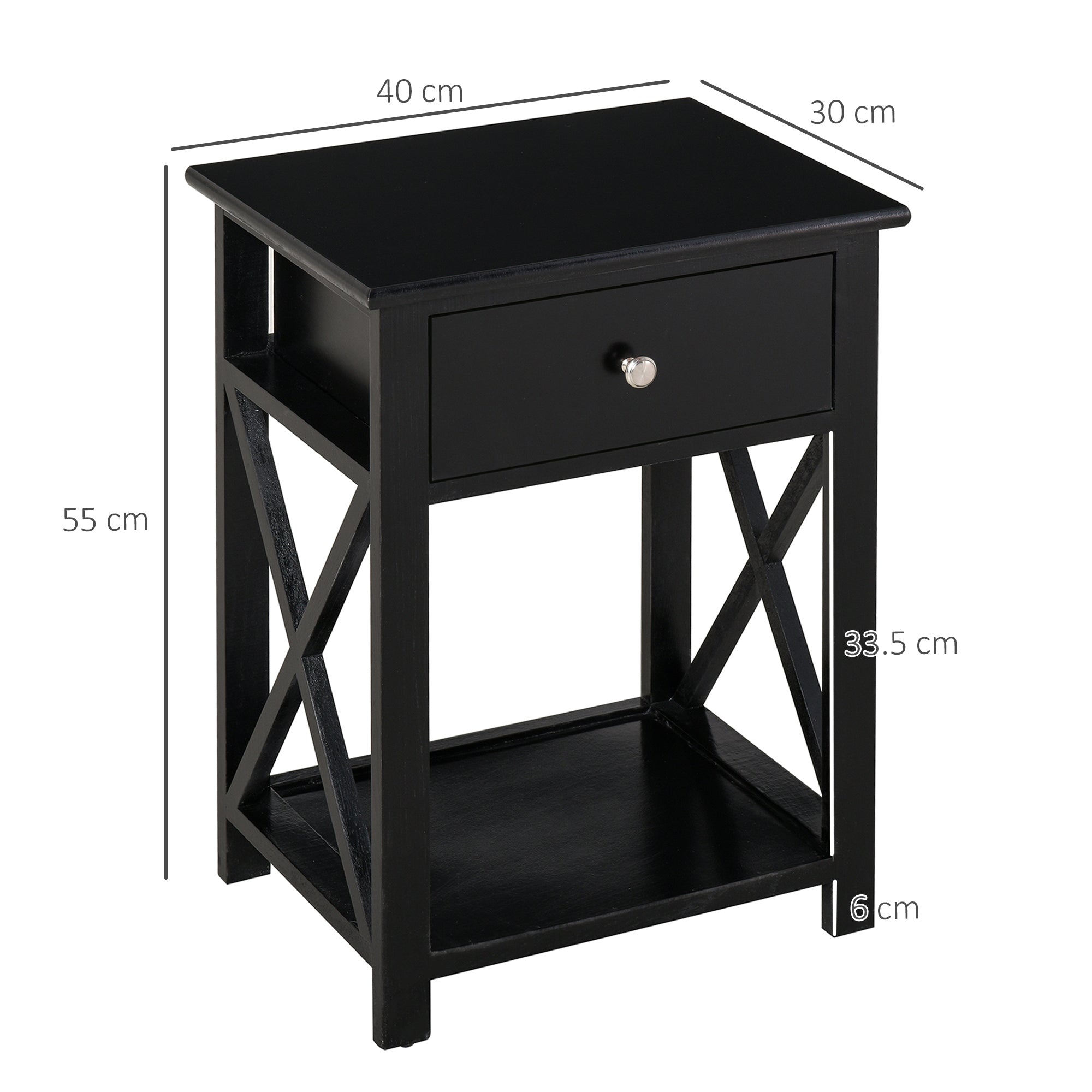 HOMCOM End Table, Sofa Side Table with Drawer X Bar Bottom Storage Shelf, Nightstand Bedside Table for Bedroom or Living Room Black 