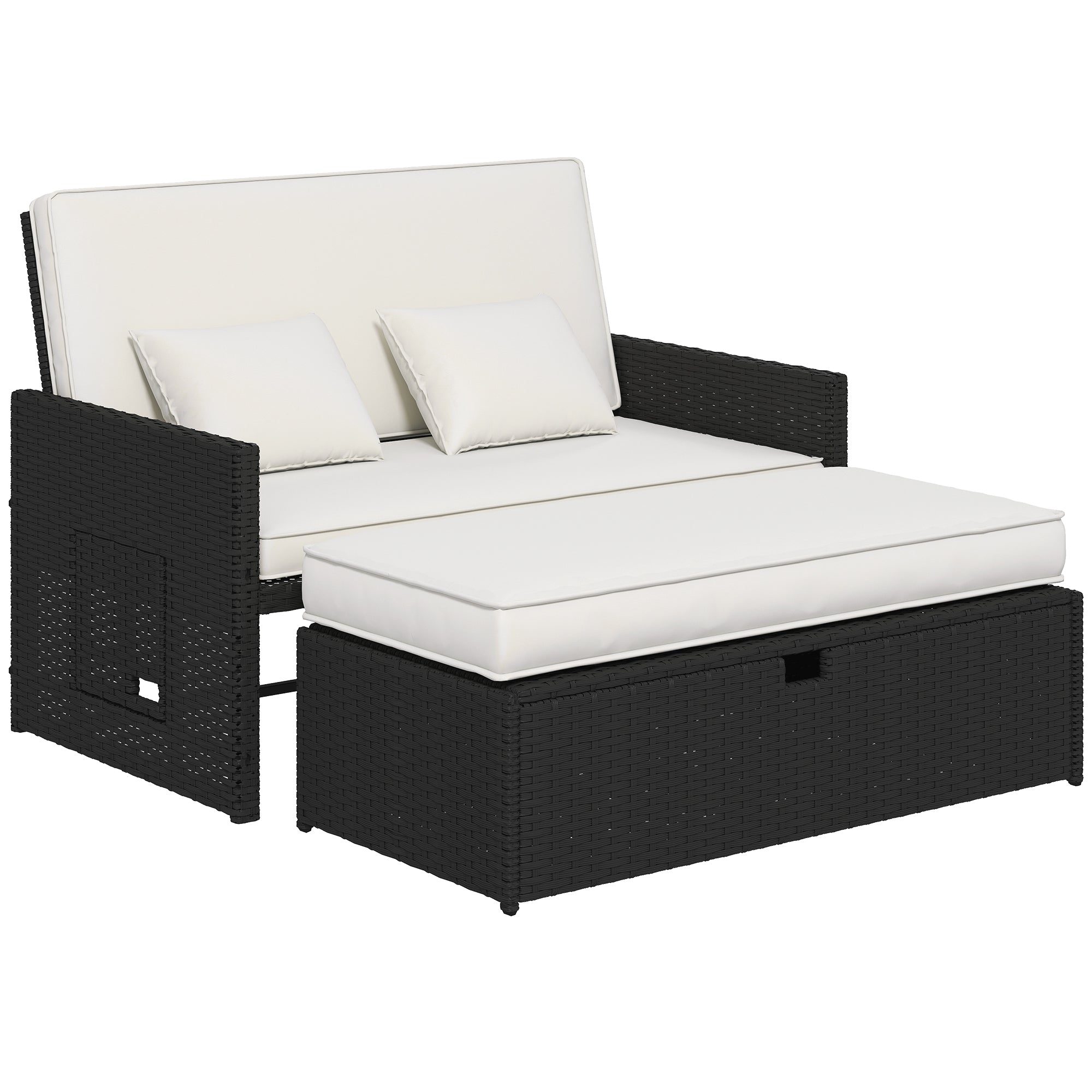 Outsunny Rattan Garden Daybed, Double Sun Lounger with 5-Level Adjustable Back, Storage Ottoman, Cream White 