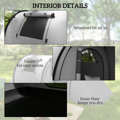 Outsunny Four Man Duo Room Tunnel Tent, with Accessories - Grey 