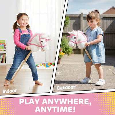 AIYAPLAY Unicorn Stick Horse with Wood Wheels, Real Pony Neighing and Galloping Sounds, Grip Handle, 95 cm, White 