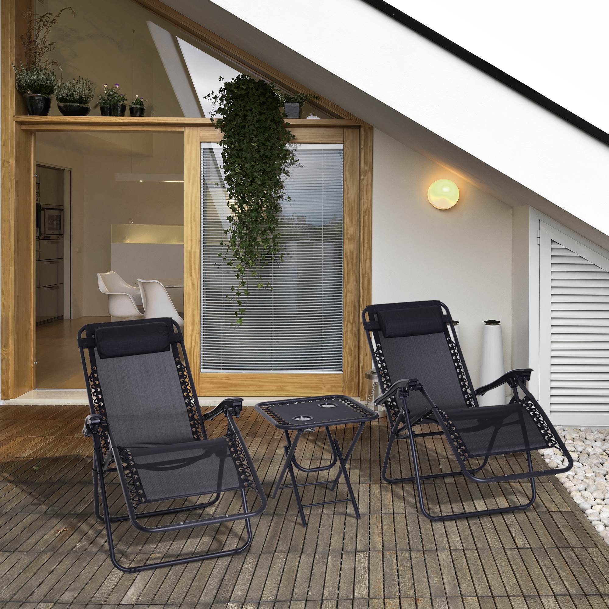 Outsunny Folding Zero Gravity Chairs, 3 Pieces Adjustable Sun Lounger and Table Set with Cup Holder and Headrest, Bistro Set with Reclining Garden Chairs for Patio, Black 