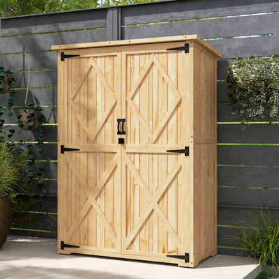 Outsunny Wooden Garden Storage Shed, Tool Storage Cabinet with Asphalt Roof and 2 Shelves for Garden Tools, Equipment, Outdoor Tool Shed with Double Doors, Natural 