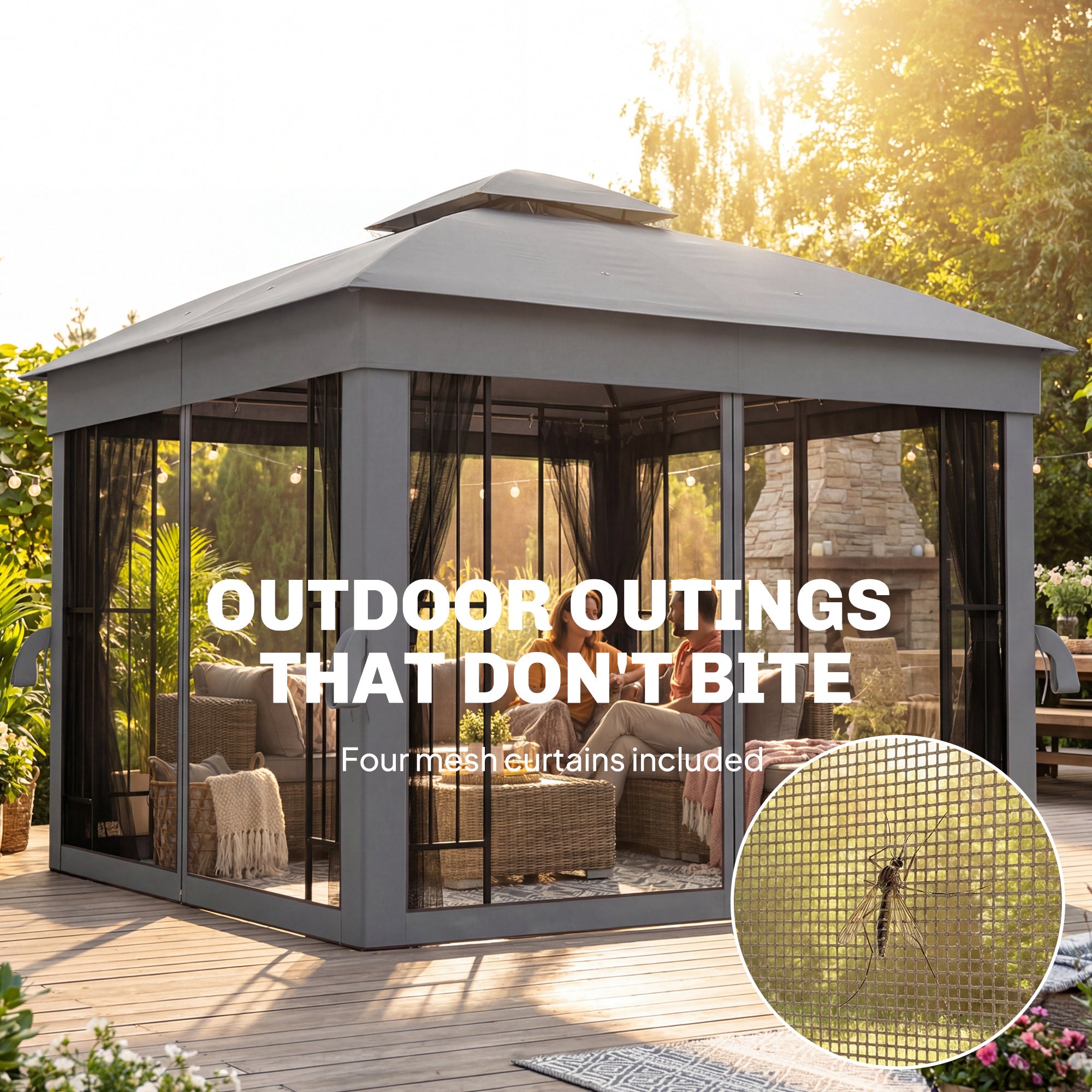 Outsunny 3 x 3 m Outdoor Garden Gazebo with Post Shelves, UPF50+ Double Roof Patio Permanent Pavilion, Grey 