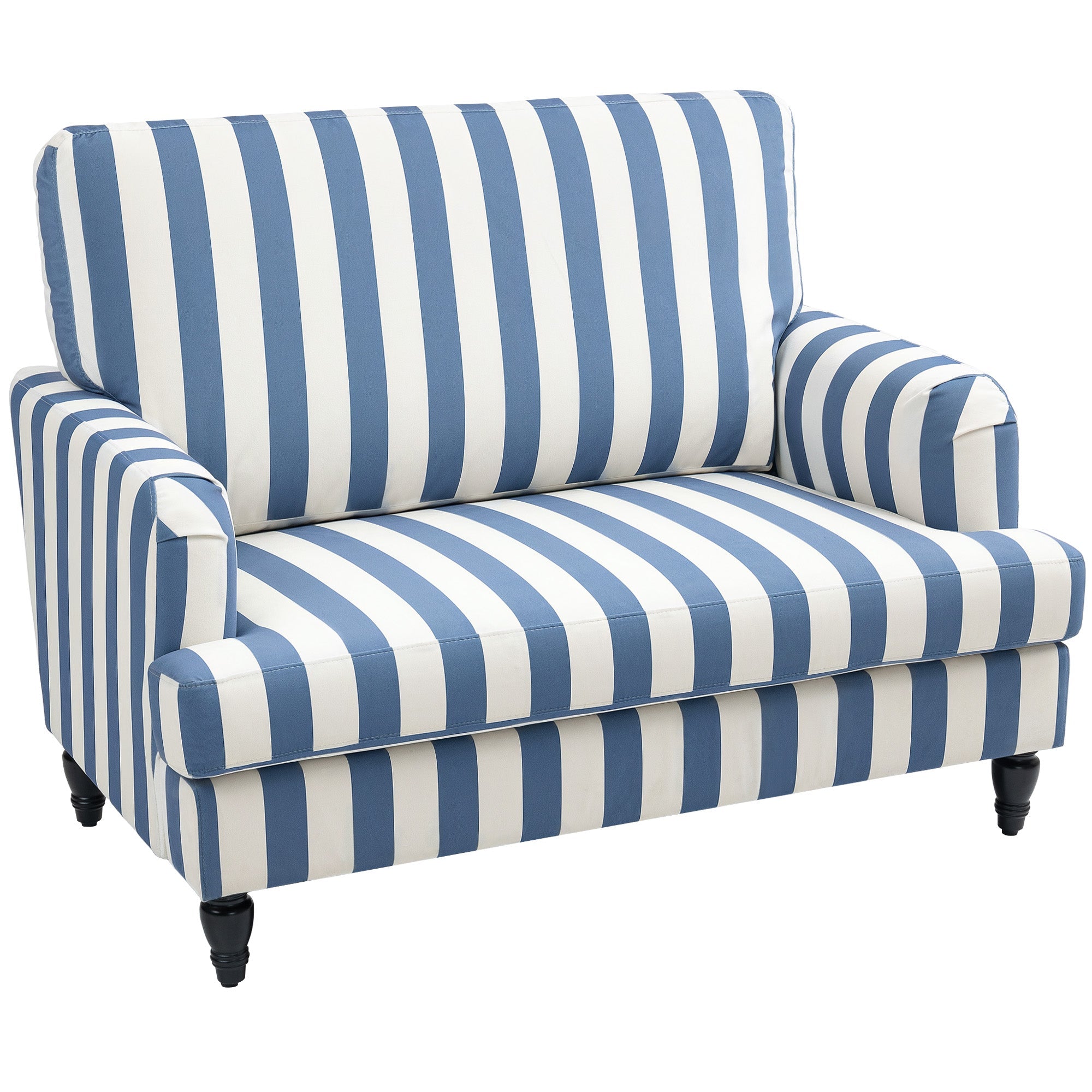 HOMCOM Modern Accent Chair, Velvet Armchair with Stripe, Turned Legs and Wide Seat, Upholstered Snuggle Chair for Living Room, Bedroom, Blue and White 