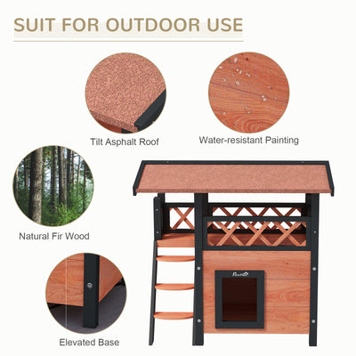 PawHut Cat House Outdoor w/ Balcony Stairs Roof, 77 x 50 x 73 cm, Brown 