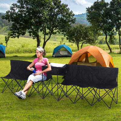 Outsunny 6 Seat Folding Sports Bench Portable Sports Team Bench Spectator Chair with Cooler Bag and Carrying Bag for Outdoor Picnic Camping - Black 