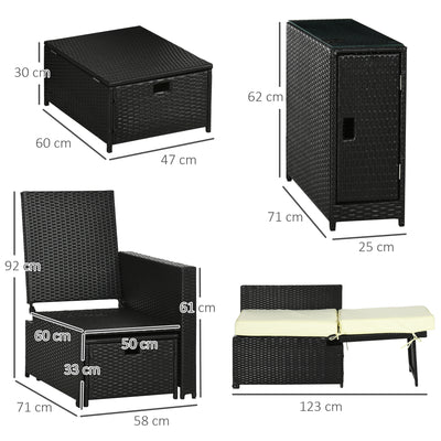 Outsunny 5PC PE Rattan Sun Lounger, Outdoor Wicker 5-level Adjustable Recliner Sofa Bed with Storage Side Table and Footstools, for Patio, Garden, Poolside, Black 