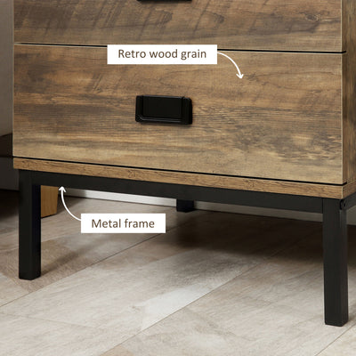 HOMCOM Retro Bedside Table, End Side Table with 2 Drawers, Metal Frame for Bedroom, Living Room, Set of 2, Coffee 