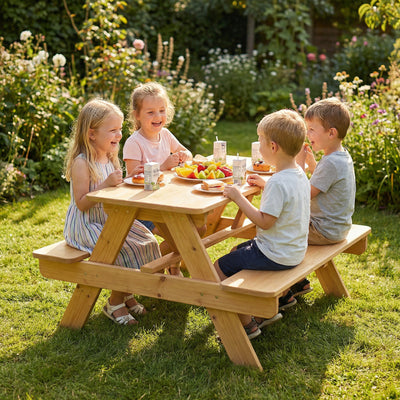 AIYAPLAY Kids Picnic Table for Outdoor Wooden Table & Bench Set with Integrated Benches Natural Wood 