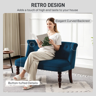 HOMCOM Velvet 2 Seater Sofa, Button Tufted Wingback Loveseat with Rubber Wood Legs for Living Room, Bedroom, Dark Blue 