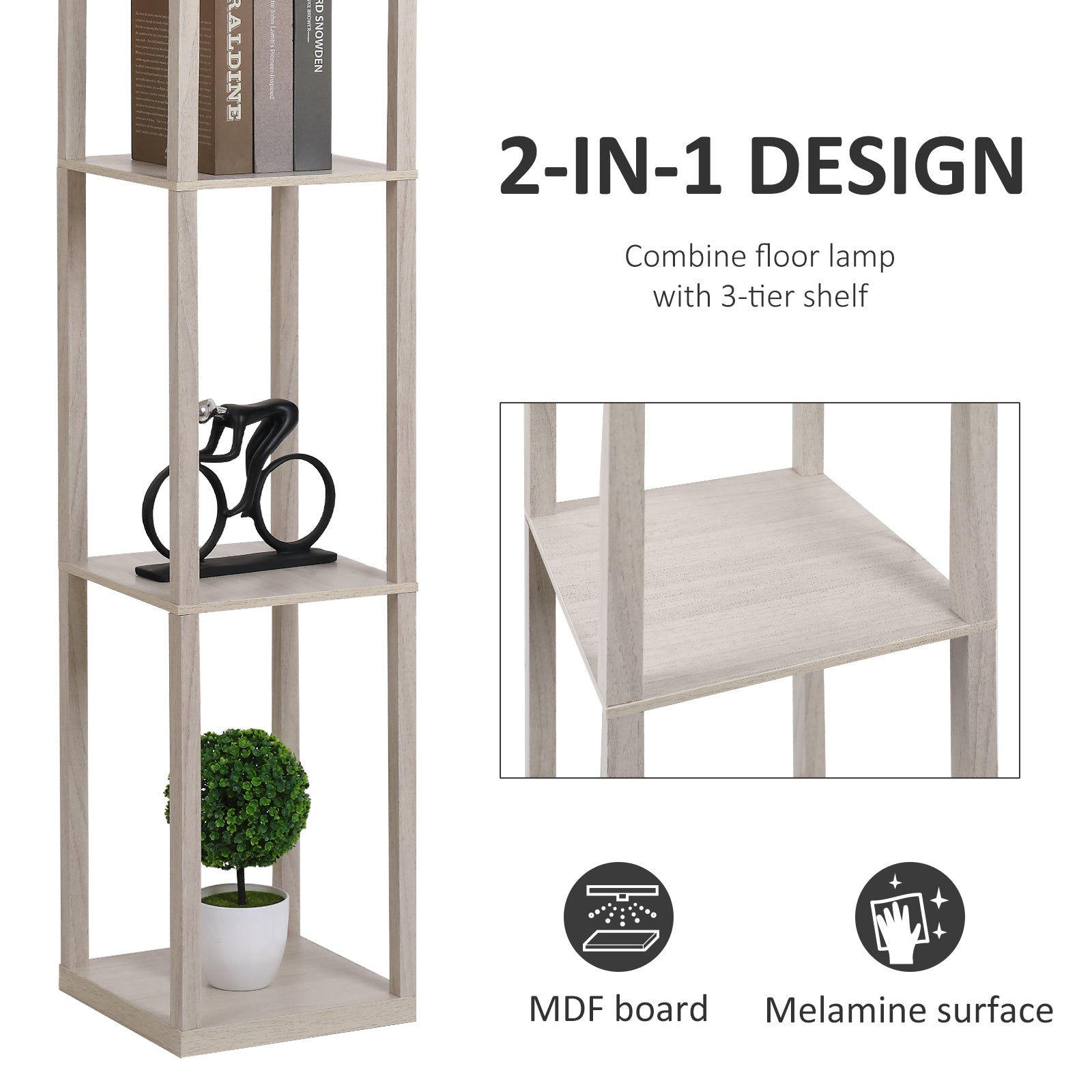 HOMCOM 3-Tier Floor Lamp, Floor Light with Storage Shelf, Reading Standing Lamp with Acrylic Shade for Living Room, Bedroom, Kitchen, Dining Room, Office, Dorm, 160cm, Oak 