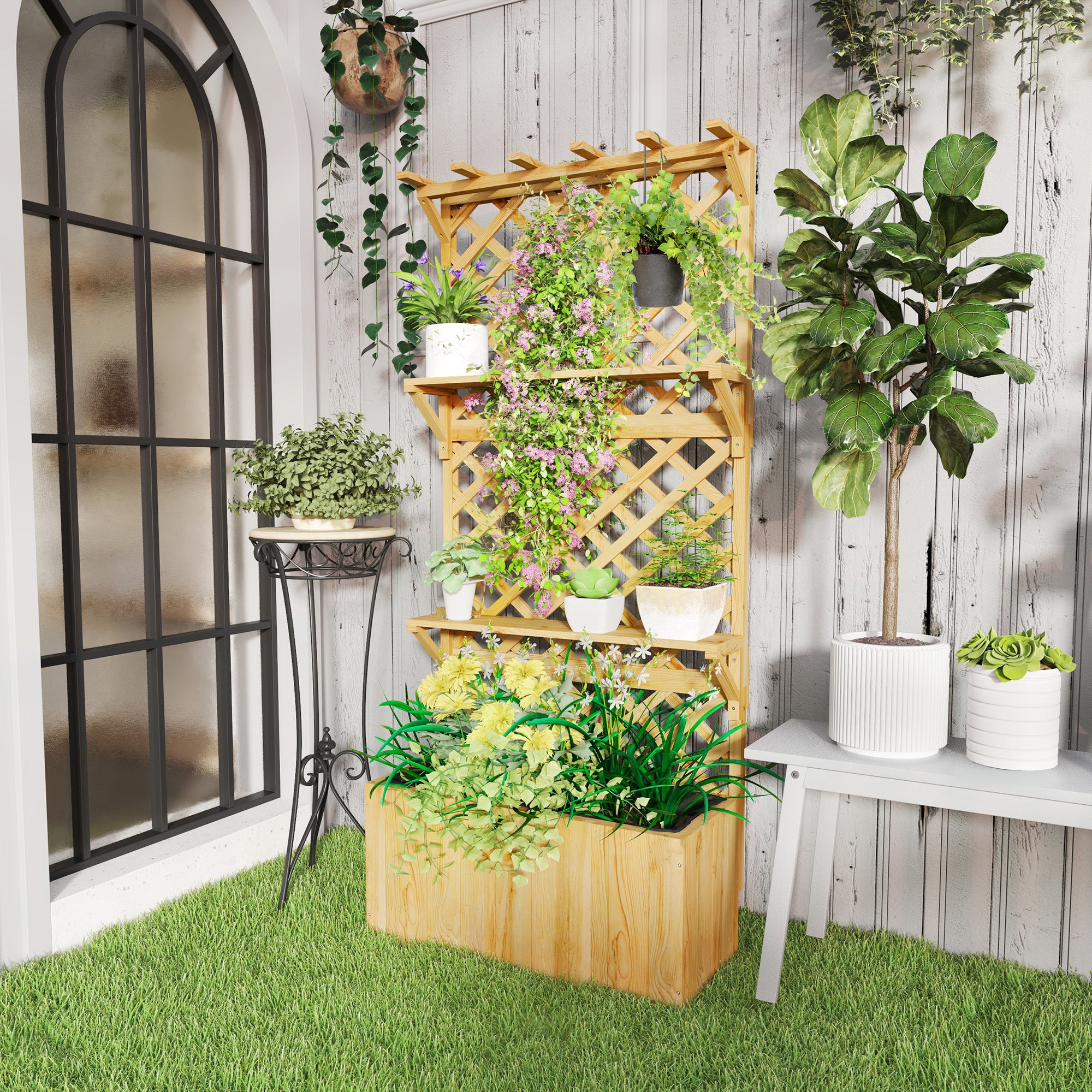 Outsunny 52L Wooden Planter, with Trellis and Shelves - Natural Finish 