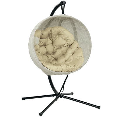 Outsunny Hanging Egg Chair Outdoor Indoor Garden Swing Chair with Folding Basket, Garden Hanging Chair with Stand, Thickened Cushion, Cup Holder for Patio, Balcony, Khaki 