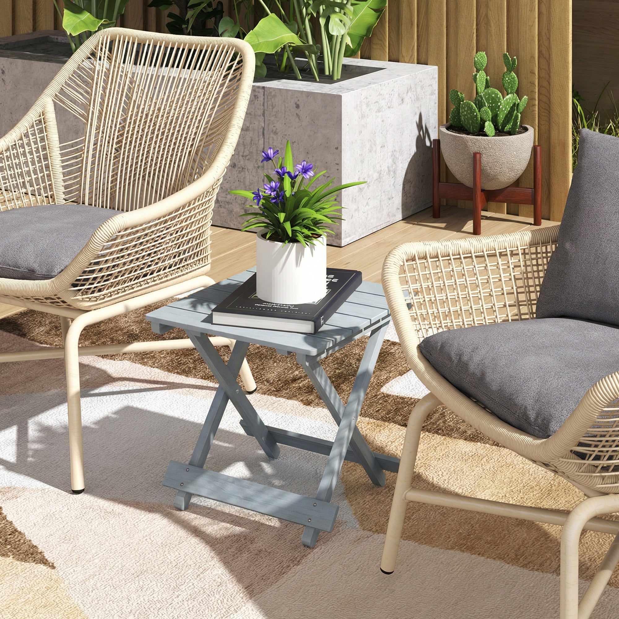 Outsunny Fir Wood Folding Coffee Table, Lightweight Small Garden Table with Slatted Top, Portable Folding Side Table for Balcony 