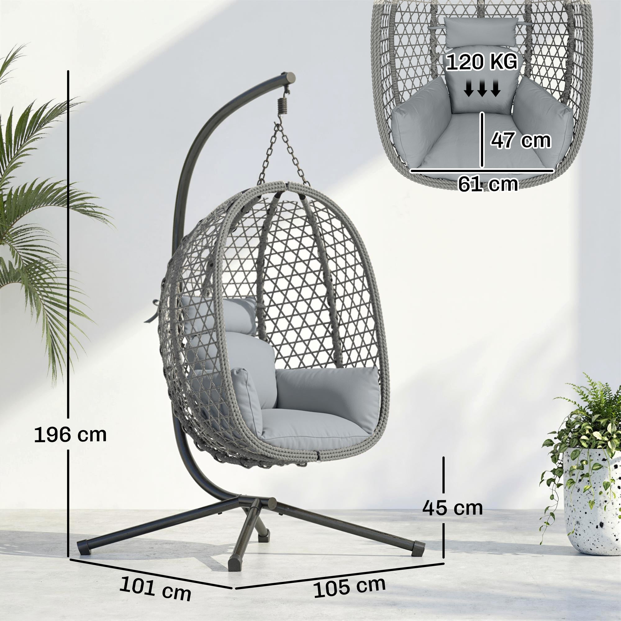 Outsunny Hanging Egg Chair, Indoor Outdoor Rattan Hammock Swing Chair with Stand, Safety Strap, Foldable Basket, Dark Grey 