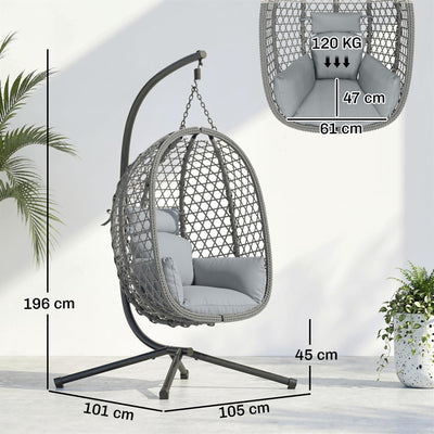 Outsunny Hanging Egg Chair, Indoor Outdoor Rattan Hammock Swing Chair with Stand, Safety Strap, Foldable Basket, Dark Grey 